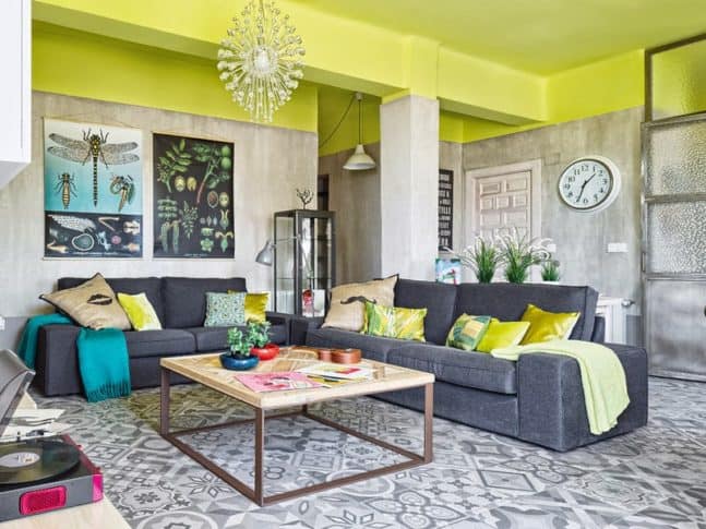 Modern Industrial Look Apartment with Bright Yellow Ceiling by Sueca House