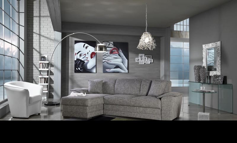 living room with arco floor lamp