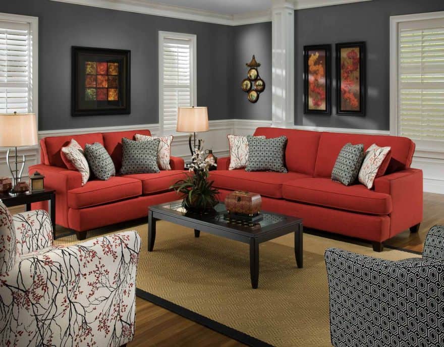 red and neutral living room