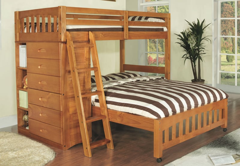double bed with bunk bed above