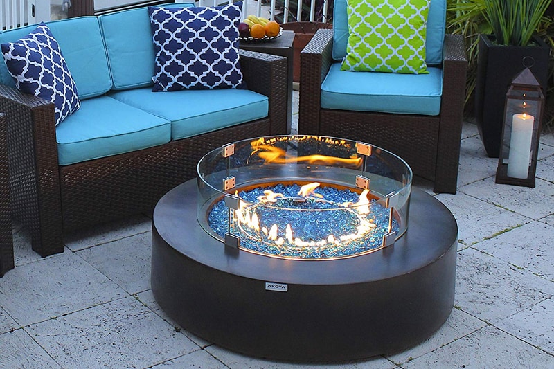 Cobalt Blue AKOYA Outdoor Essentials 42 Round Modern Concrete Fire Pit Table w/Glass Guard and Crystals in Gray 