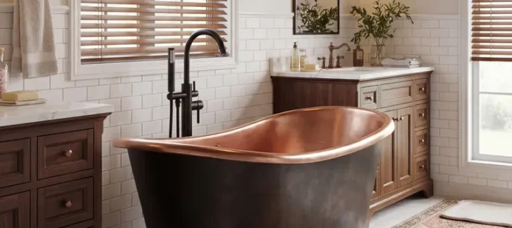 A luxurious bathroom design features a stunning bronze and copper freestanding bathtub, rich wood vanities, white subway tile walls, and patterned area rugs.