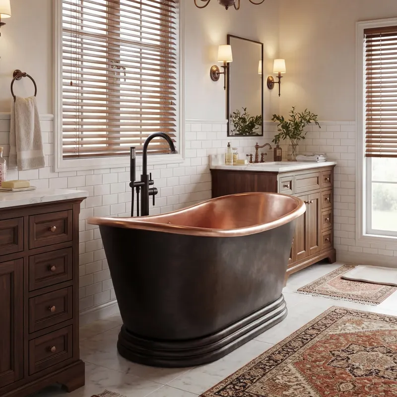 A luxurious bathroom design features a stunning bronze and copper freestanding bathtub, rich wood vanities, white subway tile walls, and patterned area rugs.