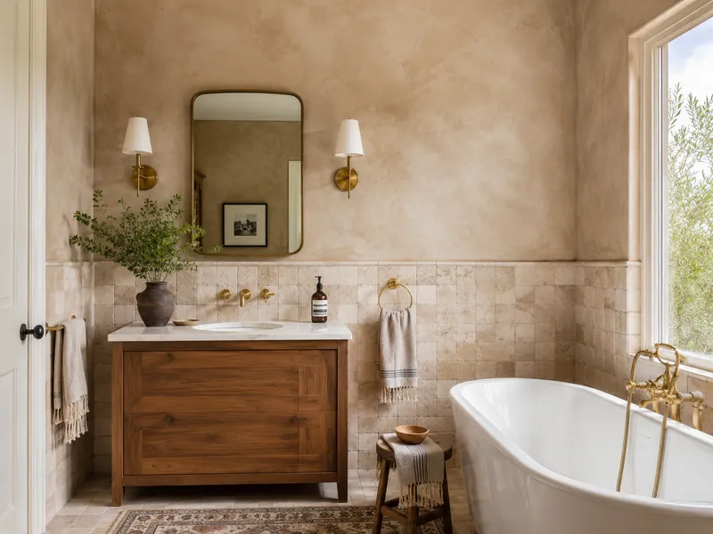 This inviting bathroom design features textured clay-based walls and natural stone tiles, complementing a rich wooden vanity and classic freestanding tub for a serene aesthetic.