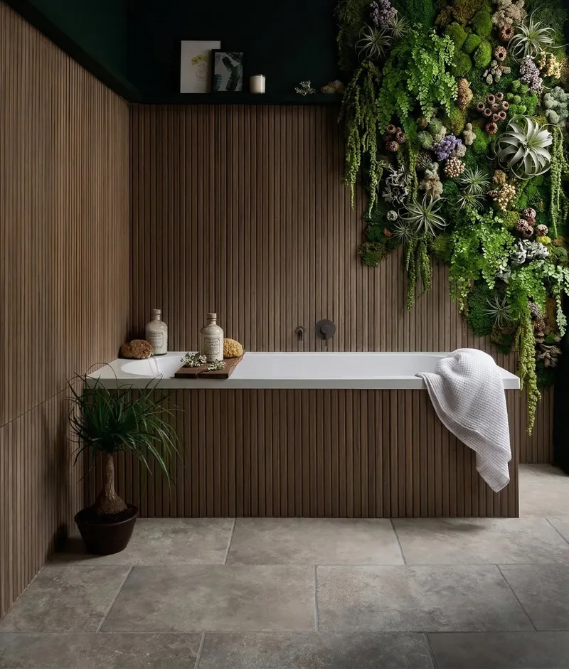 A luxurious bathroom design features a white modern bathtub nestled amidst fluted wood paneling, contrasting with a vibrant vertical garden and large natural stone floor tiles.
