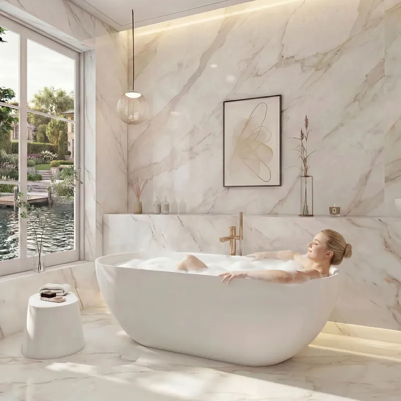 A luxurious freestanding bathtub and polished marble walls create a serene contemporary bathroom design with brass fixtures and ample natural light.