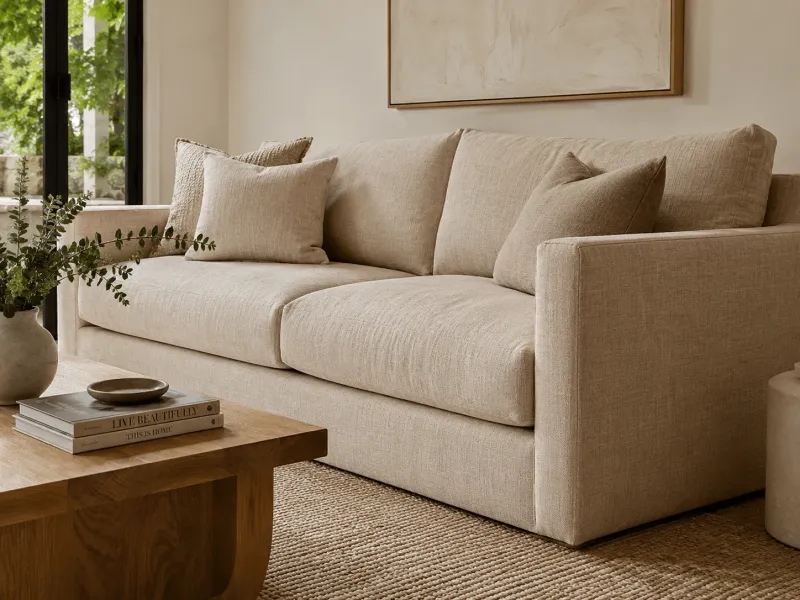 A cozy modern living room features a textured natural fiber fabric sofa and accent pillows, complemented by a woven rug and a warm wooden coffee table.