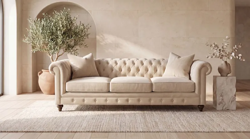 This elegant living space showcases a natural fiber upholstered sofa with deep button tufting, complemented by a textured rug and potted olive tree against an arched niche.