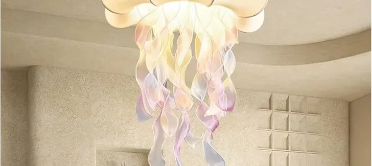 A whimsical jellyfish chandelier with flowing, translucent tentacles illuminates a modern interior space, featuring textured plaster walls, built-in shelving, and a decorative accent wall.