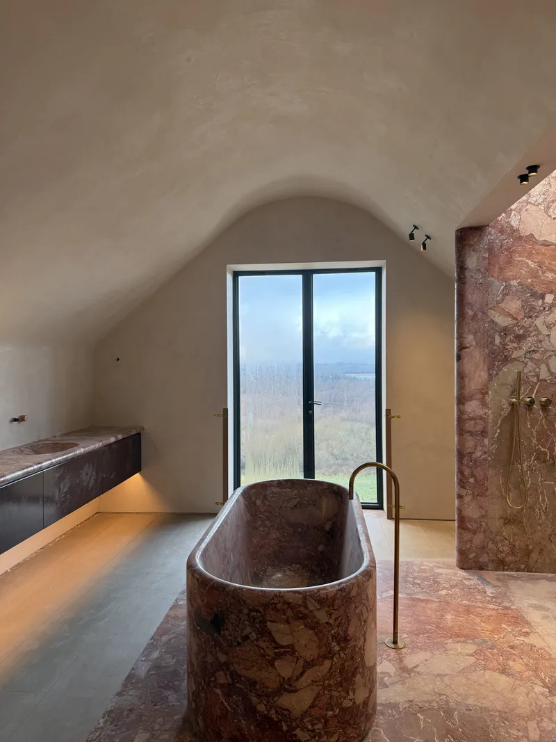 A modern bathroom interior features a luxurious red marble tub and shower, complemented by a clay-plastered arched ceiling and a floating vanity.