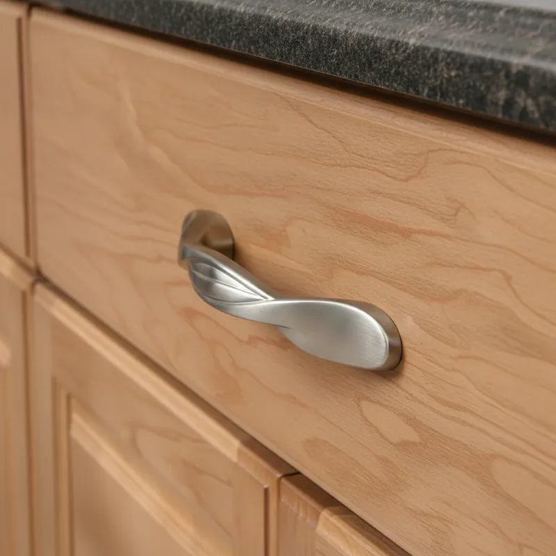 Close-up of a brushed nickel twisted pull handle on light wood kitchen cabinetry, contrasting with a speckled dark granite countertop, showcasing elegant kitchen design.