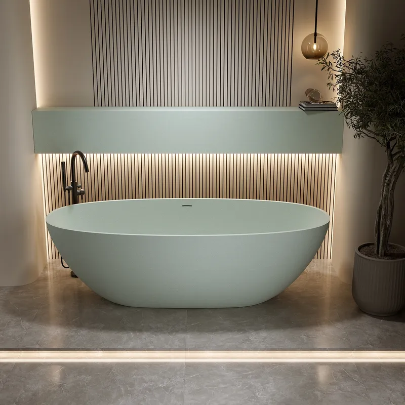A contemporary bathroom design features a smooth, pale green freestanding bathtub, matte black fixtures, ribbed wall paneling, and polished gray marble flooring, all softly lit by hidden LED strips.