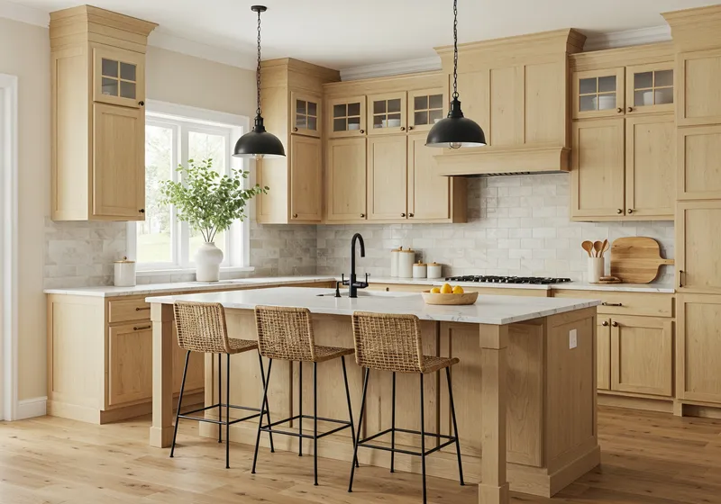 This modern kitchen features warm stained wood shaker cabinets, a pristine white marble island countertop, and a textured subway tile backsplash, creating a light and inviting interior design.