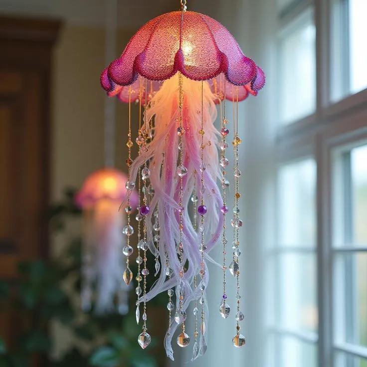 This ethereal jellyfish chandelier features a textured fuchsia dome, delicate feathers, and sparkling crystal accents, adding whimsical elegance to any interior design.