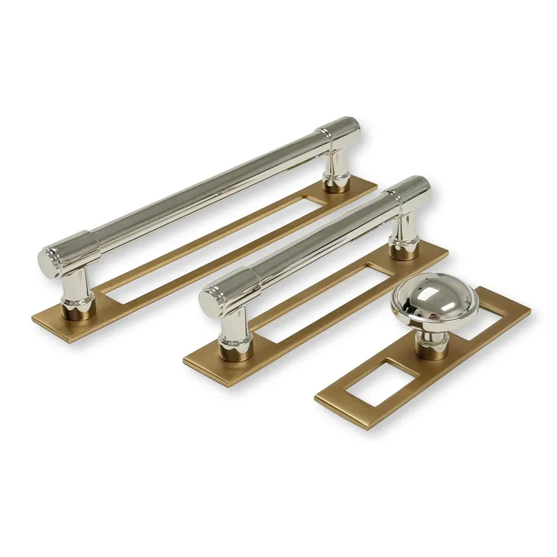 Polished nickel kitchen cabinet pulls in varied bar and knob designs, featuring sleek metallic textures and modern minimalist rectangular backplates for a sophisticated hardware aesthetic.