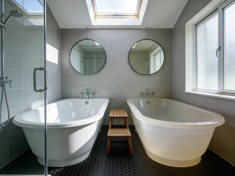 A contemporary bathroom features twin white ceramic freestanding bathtubs, sleek gray tile walls, and a dark hexagonal mosaic floor, illuminated by a skylight.