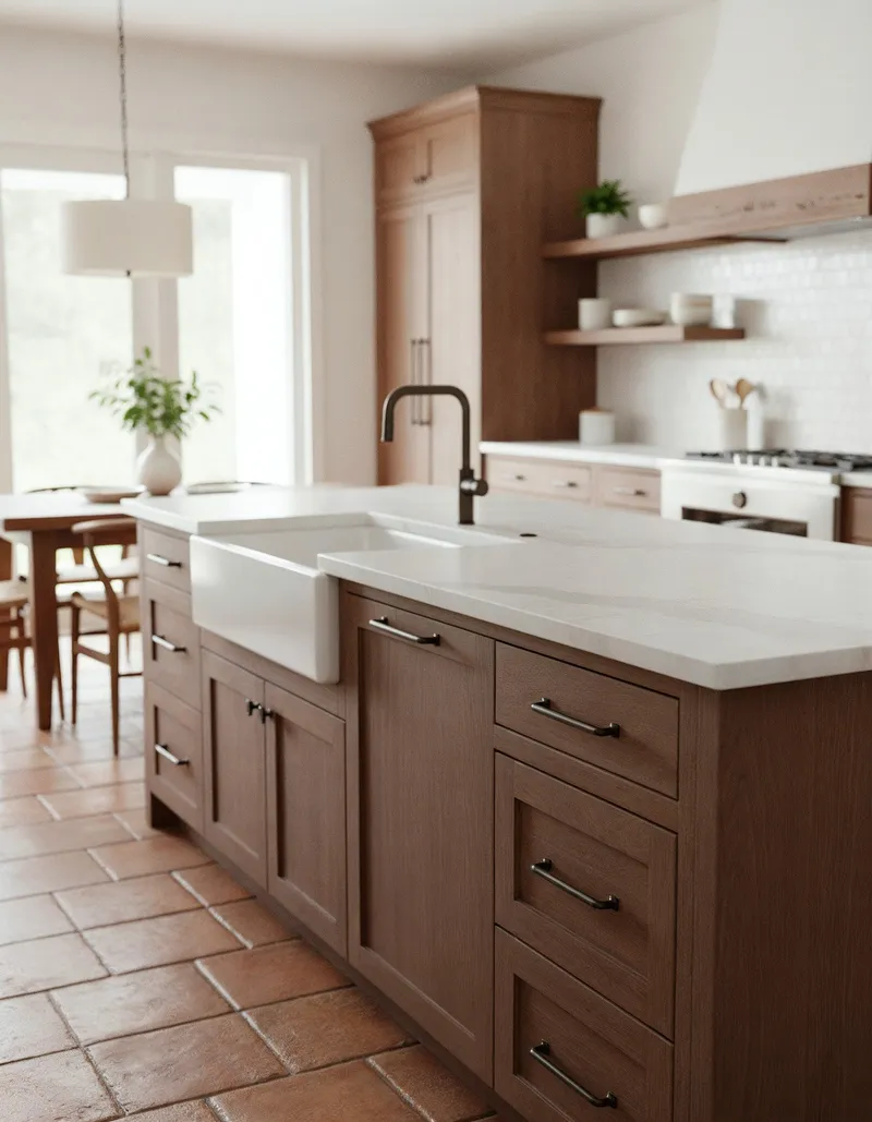A warm, modern kitchen features stained wood shaker cabinets, a farmhouse sink, white countertops, textured terracotta floor tiles, and open shelving for stylish storage.