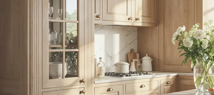 A light-filled kitchen features warm, modern stained wood cabinetry, a timeless marble backsplash, and a well-appointed cooking area, enhanced by textured wooden flooring.