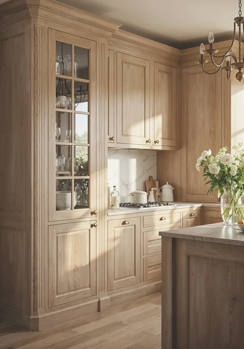 A light-filled kitchen features warm, modern stained wood cabinetry, a timeless marble backsplash, and a well-appointed cooking area, enhanced by textured wooden flooring.